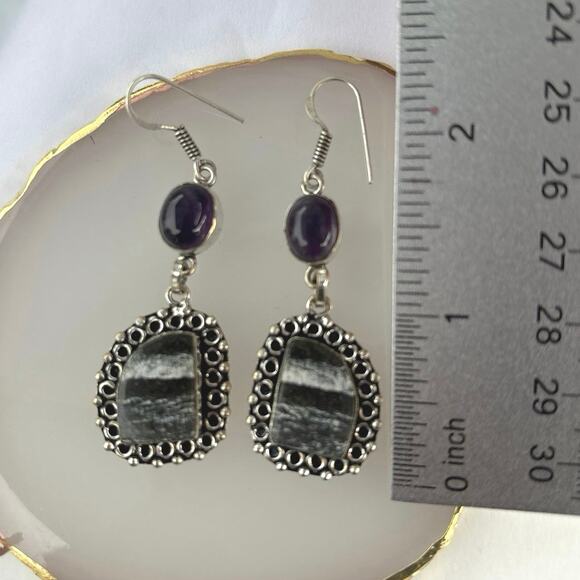 925 Sterling  Silver Line Jasper & Amethyst Dangle Earrings - Picture 5 of 6